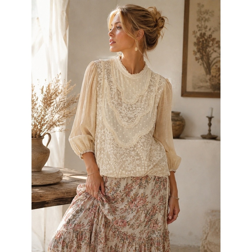 Anthropologie TINY Embroidered Ruffle Blouse S Beige Lace Cottagecore Boho Top